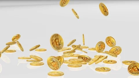 Bitcoins falling on reflective surface in slow motion Stock Footage 83174083