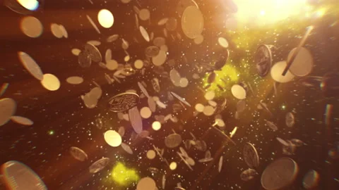 Bitcoins floating in galaxy universe idea concept with flare lighting. motion Stock Footage 148364059