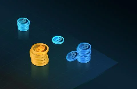 Bitcoins on glossy dark surface. Cryptocurrency virtual technology Stock Illustration