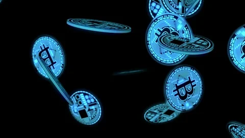 Bitcoins glow falling. Vídeos de archivo 100618199