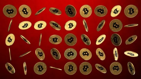 Bitcoins grid loop rotation on red BG Stock Footage 82404897