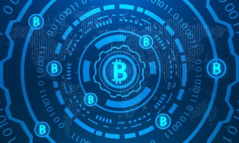 Bitcoins with HUD Elements, Binary World Map, BTC, Virtual Money, Crypto Stock Illustration