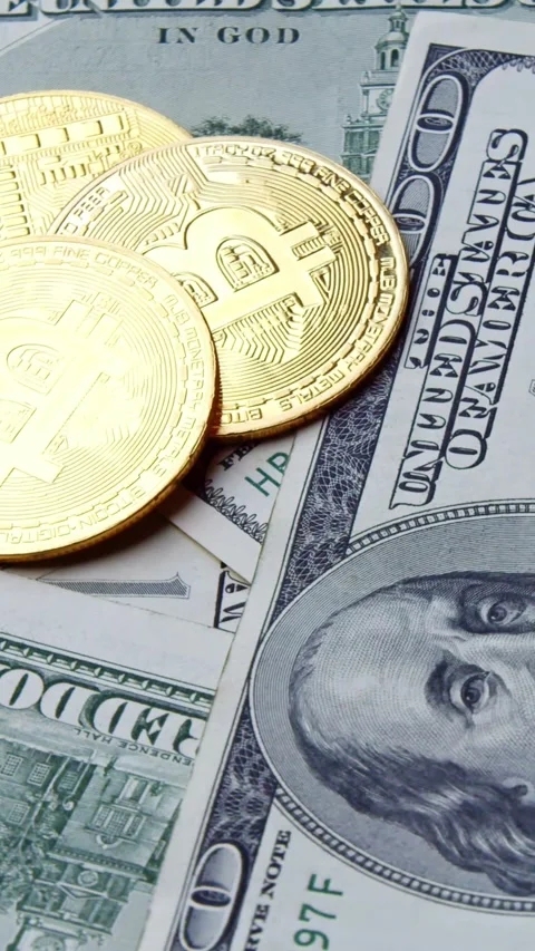 Bitcoins Hundred Dollar Notes Rotating Vertically Show Digital Wealth Abundance Stock Footage 315538694