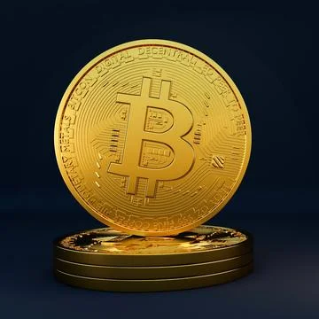Bitcoins isolated on black background, BTC concept 3d rendering. Stock Illustration