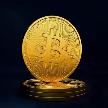 Bitcoins isolated on black background, BTC concept 3d rendering. Stock Illustration