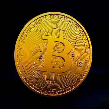 Bitcoins isolated on black background, BTC concept 3d rendering. Illustrazione stock