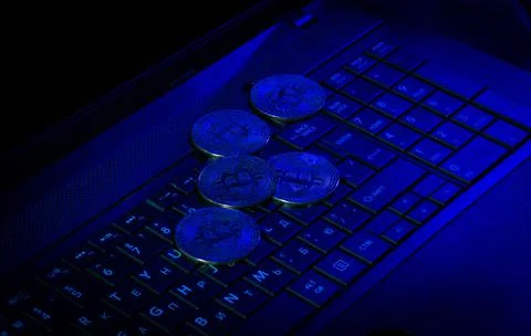 Bitcoins on a laptop Foto stock
