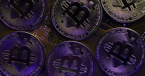 Bitcoins on a mainboard. Macro concept Stockbeeldmateriaal 166799192