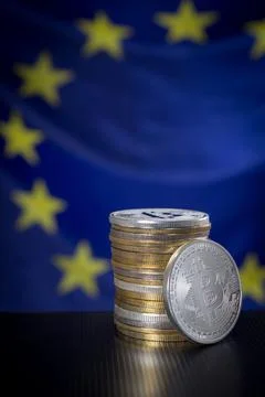 Bitcoins over EU flag Foto stock