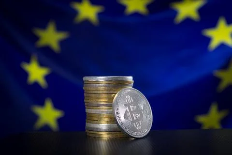 Bitcoins over EU flag Stock Photos