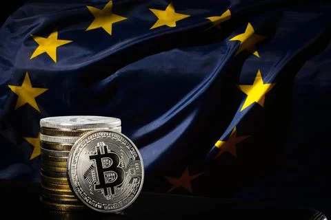 Bitcoins over EU flag Stock Photos