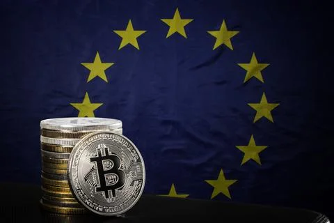 Bitcoins over EU flag Stock Photos