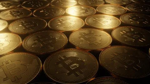 Bitcoins pattern backdrop. Background from gold BTC coins. Illustrazione stock