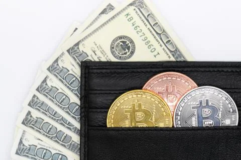 Bitcoins on pocket with banknote Stock Photos