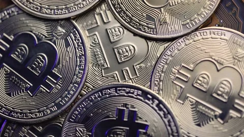 Bitcoins rotating in circle. 4K Video. Macro concept Stock Footage 166442508