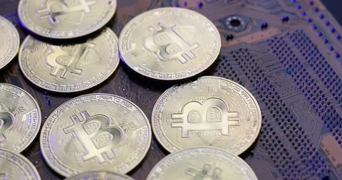 Bitcoins rotating in circle. 4K Video. Macro concept Stock Footage 166799017