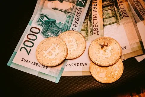 BItcoins on russian rubles Stock Photos