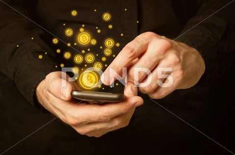 Bitcoins on smartphone Stock Illustration