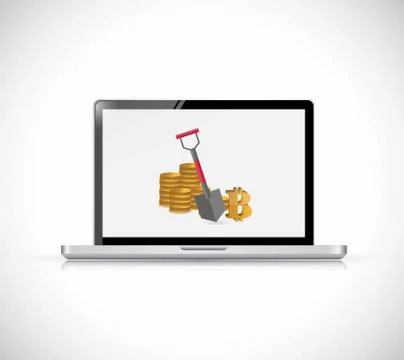 Bitcoins stack and miner's equipment on a laptop . Mining symbol. Stockillustratie