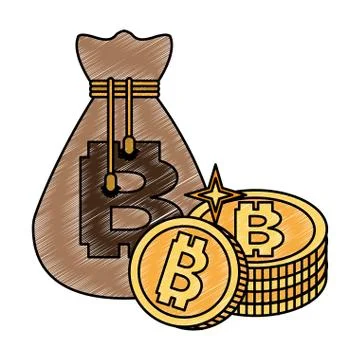 Bitcoins stacked and bag scribble 스톡 일러스트