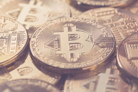 Bitcoins with tone effect. Physical bit coins. Digital currency. Cryptocurrency Stock Photos