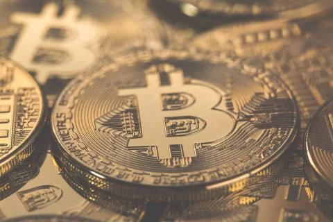 Bitcoins with tone effect. Physical bit coins. Digital currency. Cryptocurrency Stock Photos