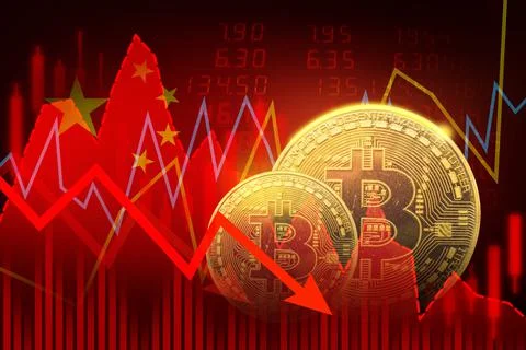 Bitcons downtrend red screen on flag China background Ilustración de archivo