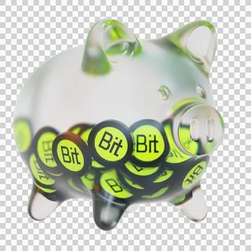 BitDAO (BIT) Clear Glass piggy bank with decreasing piles of crypto coins 库存插图
