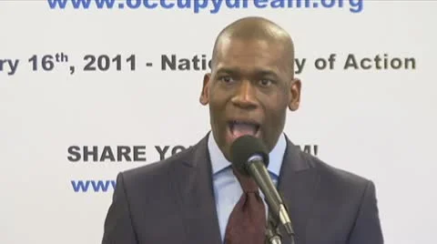 Bite 2 of 3 televangelist Jamal Bryant, Black clergy support Occupy Wall Street Stock Footage 10559372