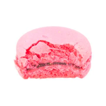 Bite crispy macaron with strawberry flavour Stock Photos