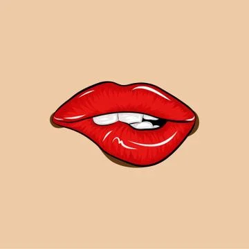 Bite sexy lips drawing - Red lips biting retro icon isolated on skin color. Stock Illustration