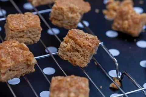 Bite sized flapjacks cooling on a baking rack Foto stock