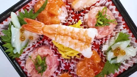 Bite-sized Seafood Chirashi Sushi close up, rotating Stock Footage 327051286