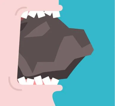 Bite stone. Gnaw granite. Broken teeth. Open mouth and stone. Vector illustra Stock Illustration