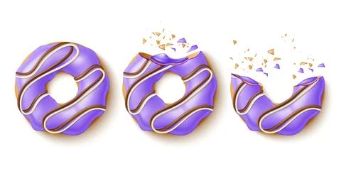 Biting donut. Eating process sweet pastries, realistic sweet bakery product Stock Illustration