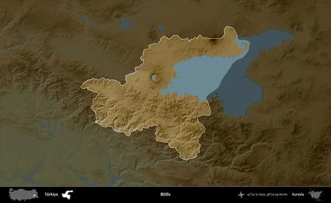 Bitlis highlighted, Turkiye. Physical Stock Illustration