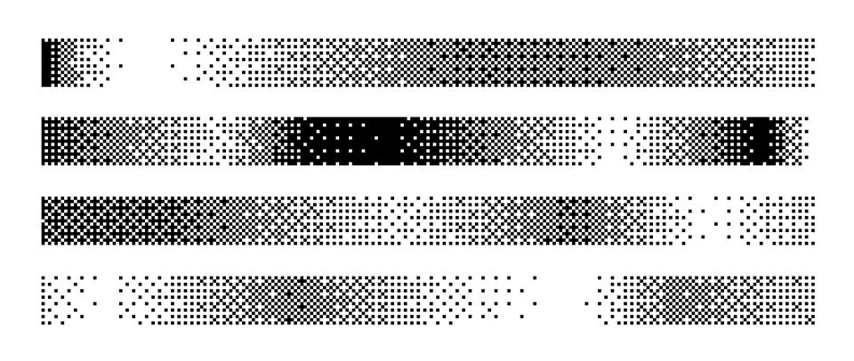 Bitmap gradient border set. Black dotted halftone header or footer collection Stock Illustration