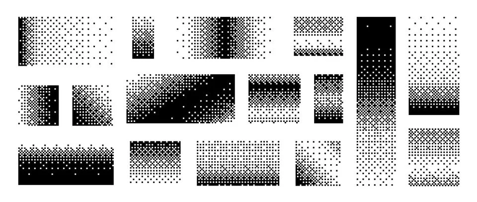 Bitmap gradient border set. Black dotted halftone collection. Pixelated Stock Illustration
