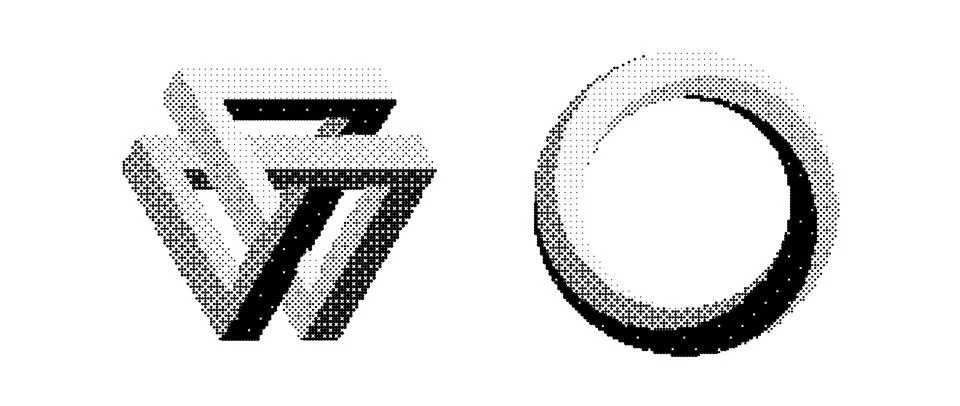 Bitmap impossible shapes set. Dither halftone geometric objects collection Illustrazione stock