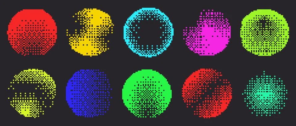 Bitmap pixel circle shapes in vibrant colors Illustrazione stock