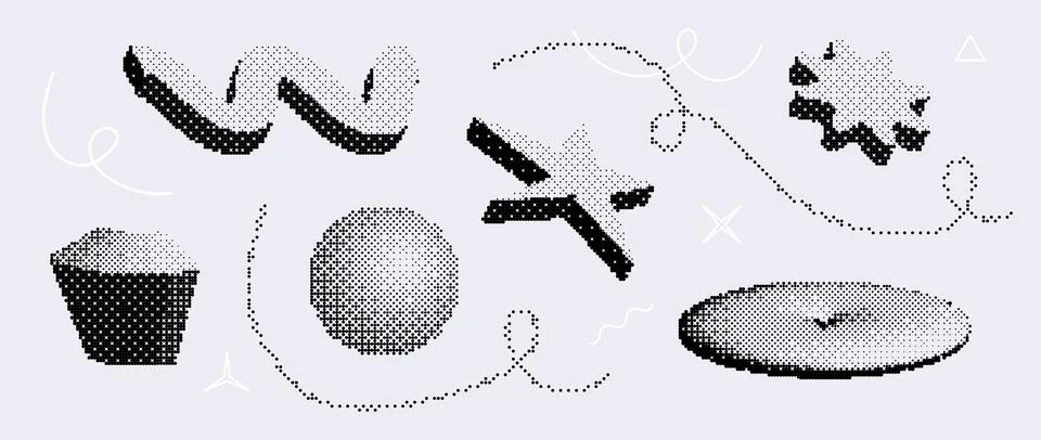 Bitmap pixelated shape set. Dither halftone geometric object collection. Black Stock Illustration