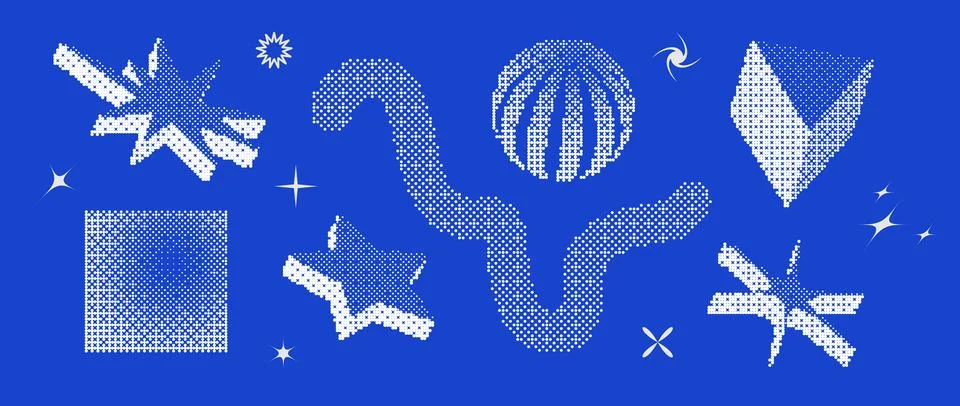 Bitmap pixelated shape set. Dither halftone geometric object collection. White Stock Illustration