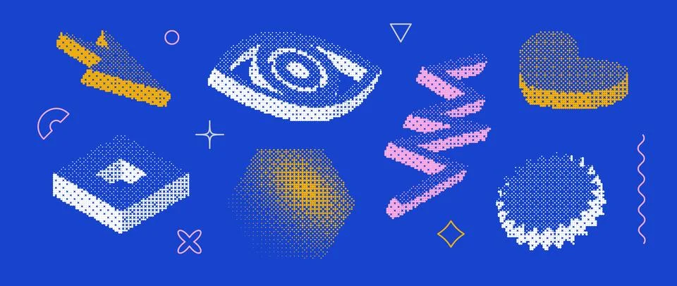 Bitmap pixelated shape set. Dither halftone geometric object collection. White Stock Illustration