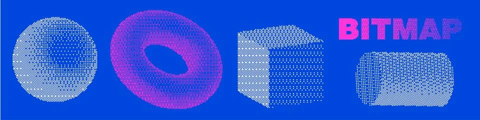 Bitmap pixelated simple 3d shapes set. Dither halftone geometric object Stock Illustration