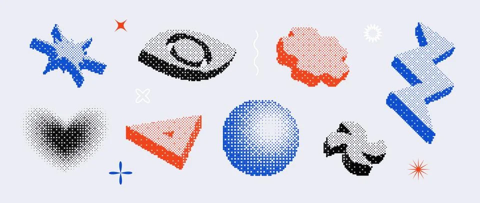 Bitmap shape set. Dither halftone geometric object collection. Pixelated eye Stock Illustration