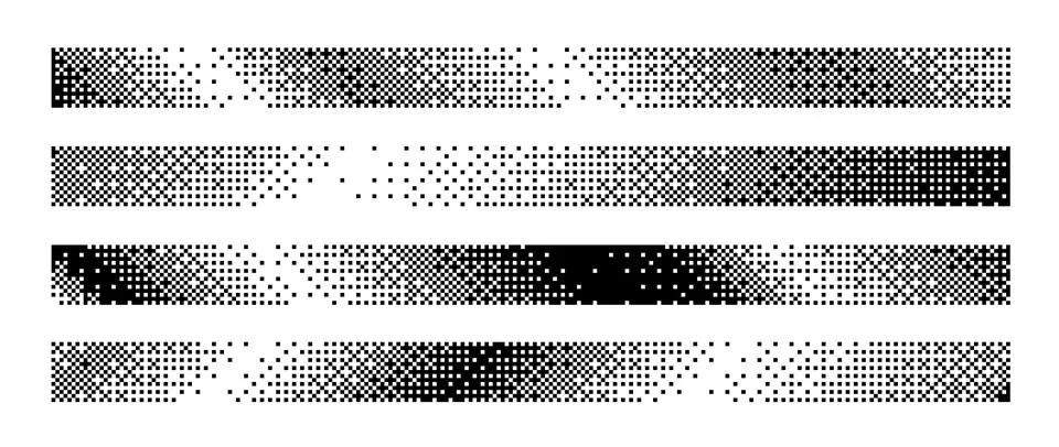 Bitmap slanted gradient border set. Diagonal dotted halftone header or footer Stock-Illustration