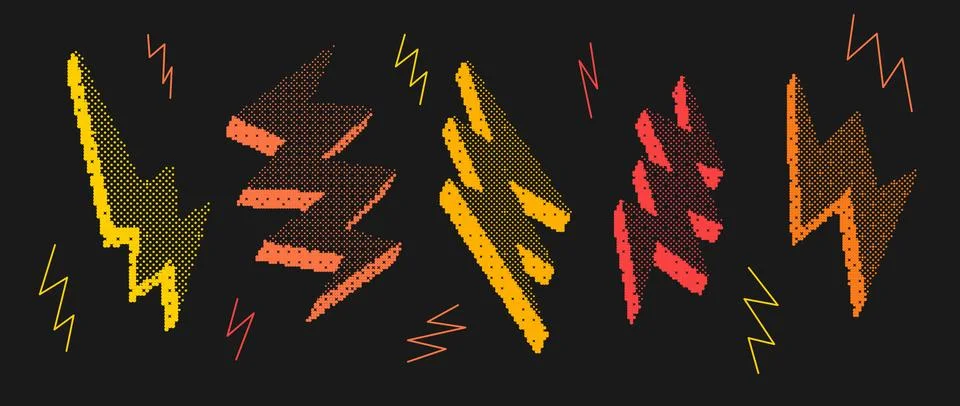 Bitmap textured lightning bolt set. Dither halftone thunderbolt collection Stock Illustration