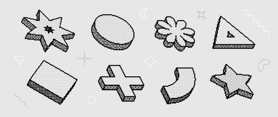 Bitmap textured shape set. Dither halftone objects collection. Black 3d flower Stock Illustration