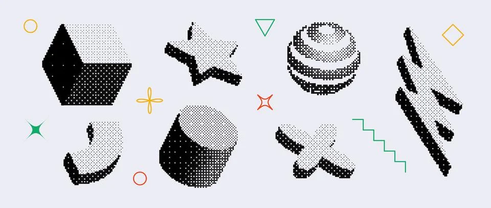 Bitmap textured shape set. Dither halftone geometric object collection. Black 스톡 일러스트