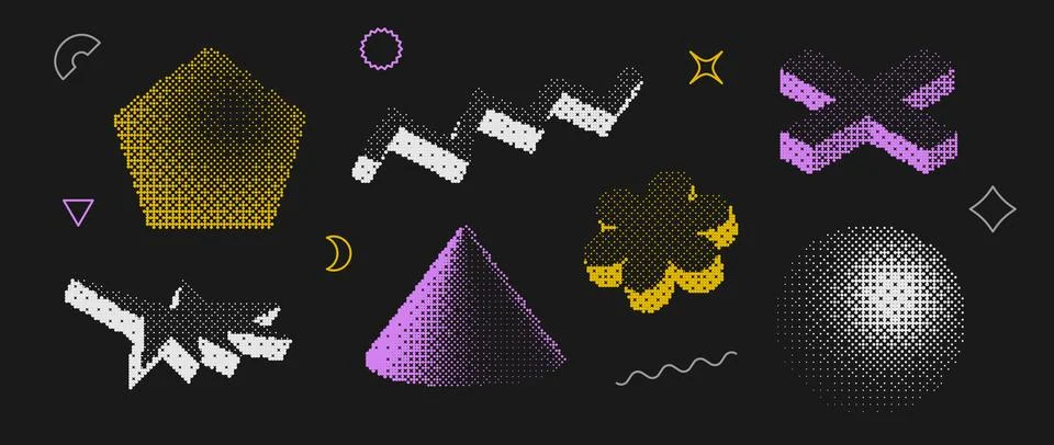 Bitmap textured shape set. Dither halftone object collection. Colorful pentagon Stock Illustration